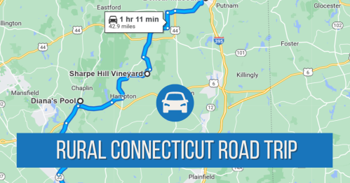 Map showing a rural road trip route in Connecticut, highlighting a 42.9-mile journey with a car icon.