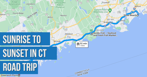 Map showing a road trip route from Sunrise to Sunset in Connecticut, highlighting key locations along the coast.