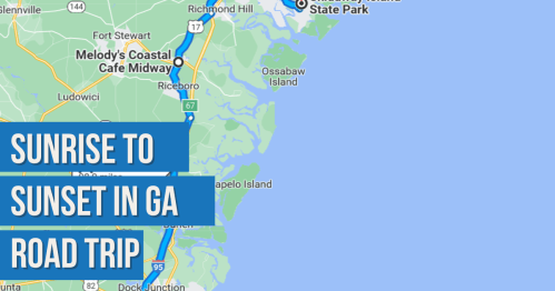 Map highlighting a road trip route in Georgia from sunrise to sunset, featuring coastal locations and parks.