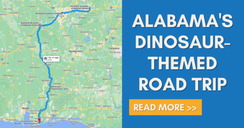 Map showing Alabama's dinosaur-themed road trip route with text highlighting "Read More" and attractions along the way.
