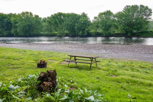 A peaceful riverside scene with a picnic table, fire pit, and lush greenery along the water's edge.