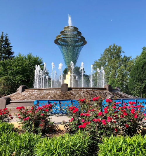 A decorative fountain surrounded by greenery and blooming red roses under a clear blue sky.