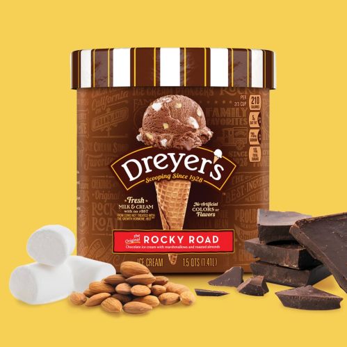 A container of Dreyer's Rocky Road ice cream with chocolate, marshmallows, almonds, and chocolate pieces on a yellow background.
