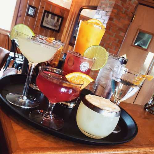 A tray of colorful cocktails, including margaritas, a martini, and a fruity drink, garnished with citrus slices.