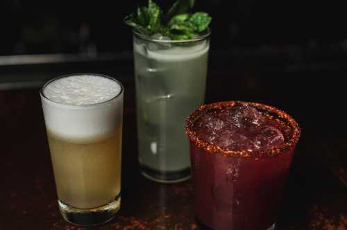 Three cocktails on a bar: a frothy beer, a minty green drink, and a dark red cocktail with a spicy rim.