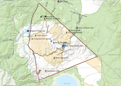Map of a mountainous region featuring landmarks like Bodie State Historic Park and Mount Biederman, outlined in red.