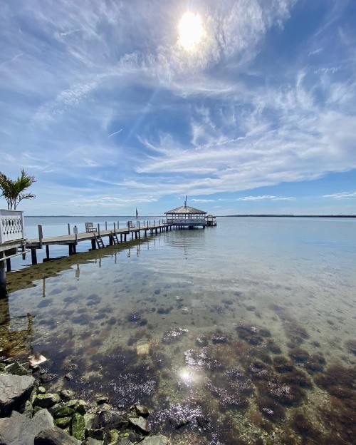 A serene waterfront scene featuring a pier extending into calm waters under a bright blue sky with wispy clouds.