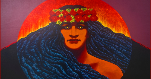 A vibrant portrait of a figure with long, dark hair adorned with a floral crown, set against a fiery red background.