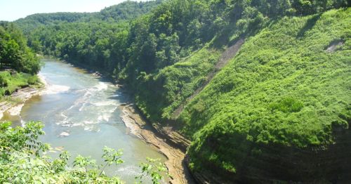 A serene river flows through lush green hills, surrounded by trees and rocky banks under a clear blue sky.
