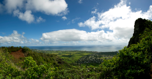 A panoramic view of lush green hills and a calm ocean under a blue sky with fluffy clouds.