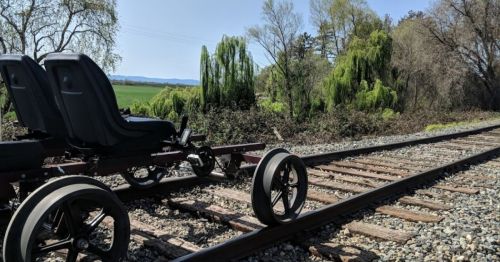 A two-seater rail cart on a railway track, surrounded by greenery and trees in the background.
