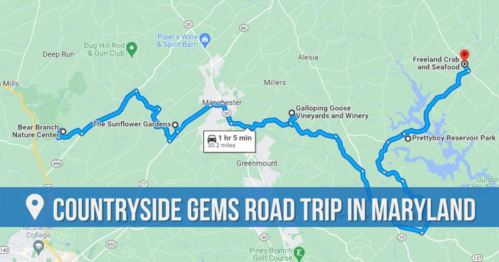 Map showing a route for a "Countryside Gems Road Trip in Maryland," highlighting various stops along the way.