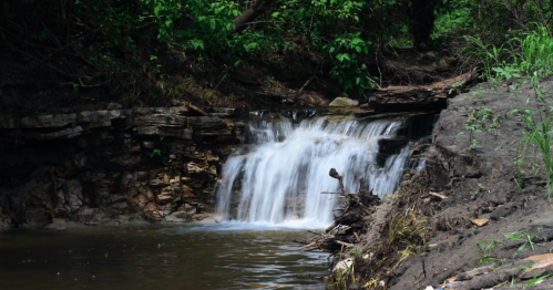 A serene waterfall cascading over rocky terrain, surrounded by lush greenery and a calm pool of water below.