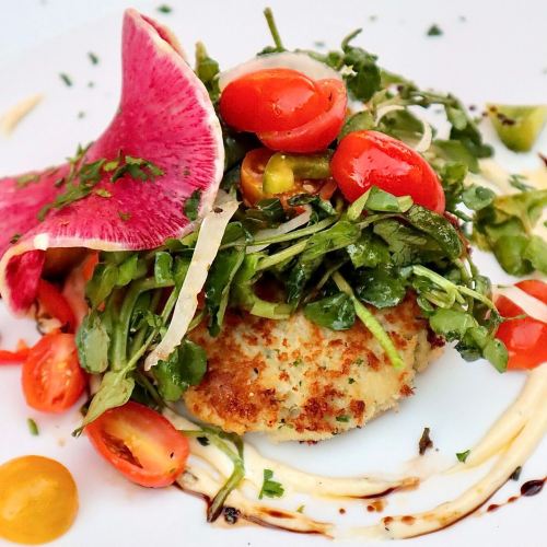 A beautifully plated dish featuring a crispy patty topped with fresh greens, cherry tomatoes, and a colorful radish slice.