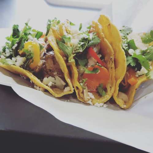 Three tacos filled with meat, topped with diced vegetables and fresh cilantro, served on a white paper tray.