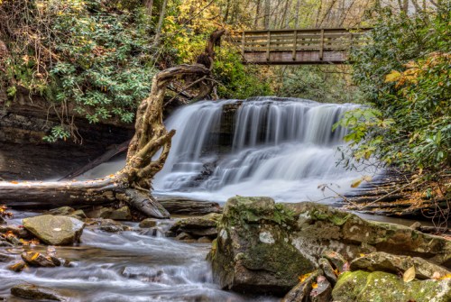 A serene waterfall cascades over rocks, with a wooden bridge in the background surrounded by lush greenery.