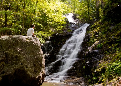 A person sits on a large rock by a serene waterfall surrounded by lush green trees.
