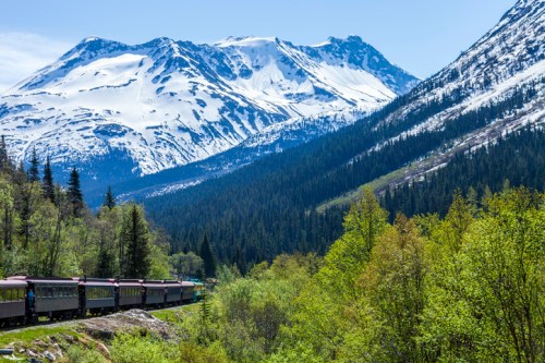 A train travels through a lush green valley with snow-capped mountains in the background under a clear blue sky.