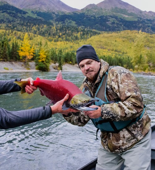 A person in camouflage holds a bright red salmon while another person assists, with a scenic river and mountains in the background.