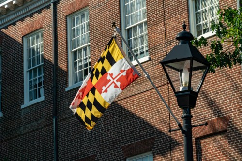 Maryland state flag waving beside a vintage street lamp against a brick building backdrop.