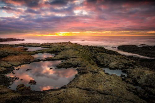A rocky shoreline at sunset, with colorful clouds reflecting in tidal pools and gentle waves lapping at the rocks.