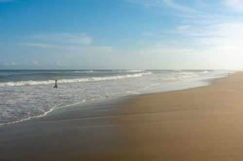 A serene beach scene with gentle waves lapping at the shore under a clear blue sky.