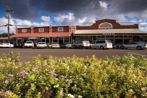 A row of shops with a red facade, surrounded by colorful flowers and under a cloudy sky.