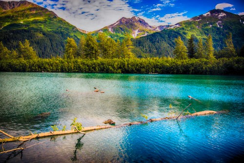 A serene lake surrounded by lush green trees and majestic mountains under a bright blue sky.