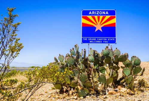 A welcome sign for Arizona featuring the state flag, surrounded by cacti and desert landscape under a clear blue sky.