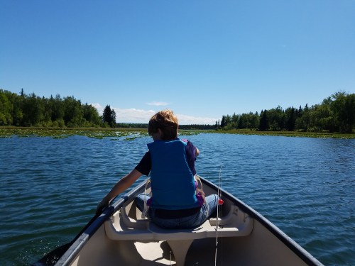 A child in a life jacket sits in a canoe, fishing on a calm lake surrounded by trees and blue sky.