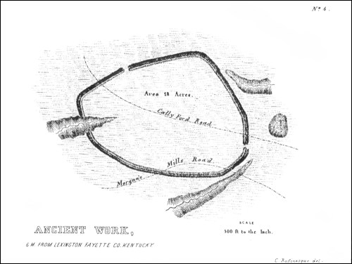 Illustration of an ancient earthwork site in Kentucky, showing a map with labeled areas and a scale.