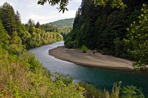 A serene river winding through lush green forests and hills, with a sandy bank visible along the water's edge.