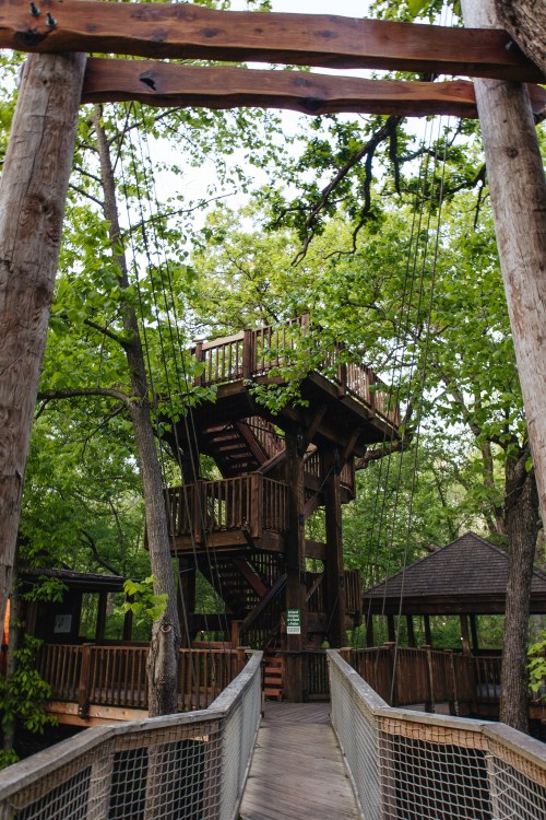 A wooden observation tower surrounded by trees, connected by a rope bridge.