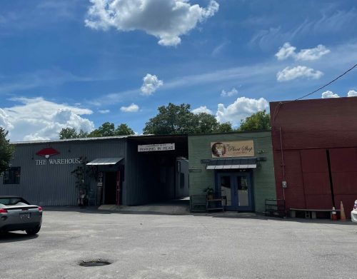 A sunny day with fluffy clouds over a parking lot featuring two storefronts: The Warehouse and a pet shop.
