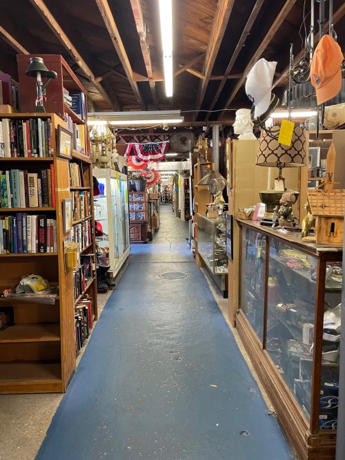 A narrow aisle in a vintage shop lined with bookshelves and display cases filled with various antiques and collectibles.
