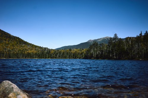 A serene lake surrounded by mountains and trees under a clear blue sky.
