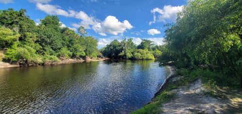 A serene river scene surrounded by lush greenery and blue skies with fluffy clouds.