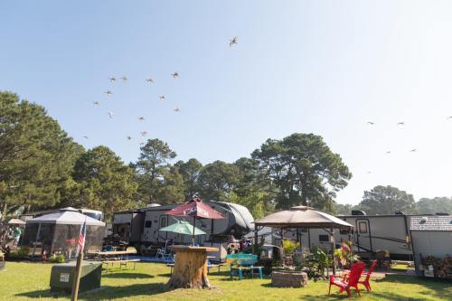 A sunny campsite with RVs, picnic tables, and colorful chairs, surrounded by trees and a clear blue sky.