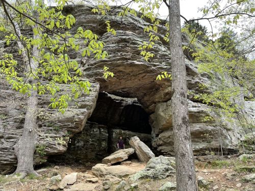 A natural rock formation with a large overhang, surrounded by trees and greenery, with two people standing nearby.