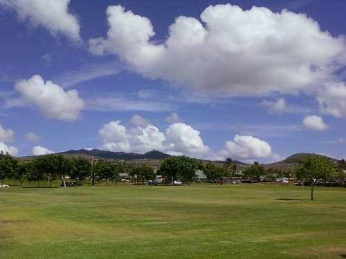 A sunny park scene with green grass, trees, and fluffy clouds against a backdrop of distant mountains.