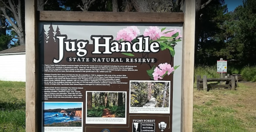 Sign for Jug Handle State Natural Reserve, featuring information about the park and surrounding nature.