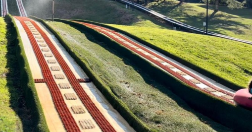 Three parallel sliding tracks on a grassy hill, designed for recreational use, with a smooth surface and red borders.