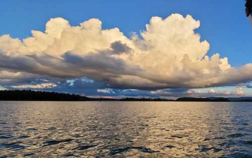 A serene lake scene with fluffy clouds reflecting on the water under a blue sky.