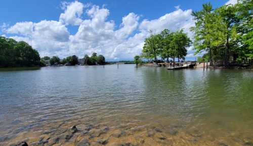 A serene lake scene with clear water, lush green trees, and a partly cloudy blue sky.