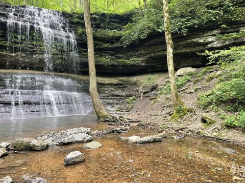 A serene waterfall cascades over rocky cliffs, surrounded by lush greenery and a calm pool of water below.
