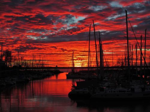 Vibrant sunset over a marina, with silhouetted sailboats and dramatic red and orange clouds reflecting on the water.
