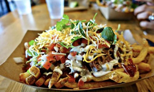 A close-up of loaded fries topped with cheese, pulled pork, pico de gallo, cilantro, and drizzled with sauce.
