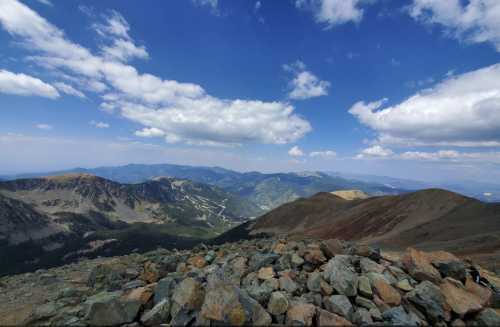 A panoramic view of mountains and valleys under a blue sky with scattered clouds, featuring rocky terrain in the foreground.