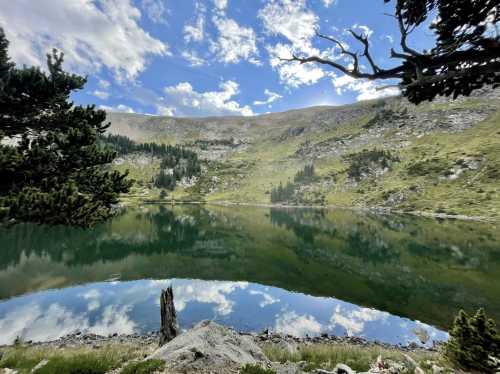 A serene lake reflecting clouds and mountains, surrounded by lush greenery and trees under a blue sky.