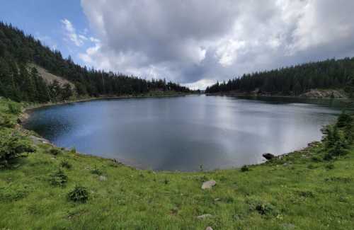 A serene lake surrounded by lush greenery and trees under a partly cloudy sky.